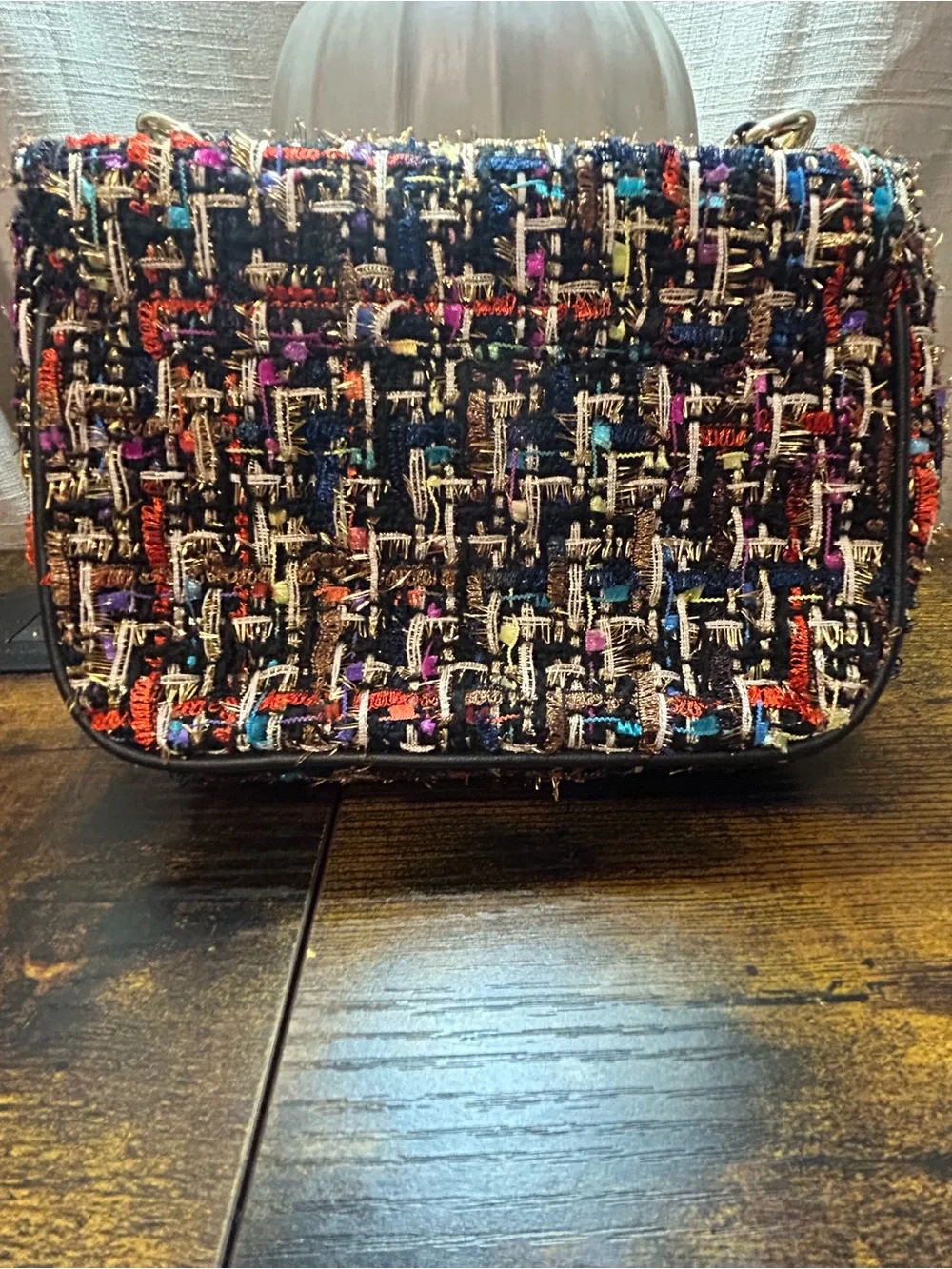 Guess Tanyel Mini Crossbody Bag Multicolor Tweed Gold Chain NWOT